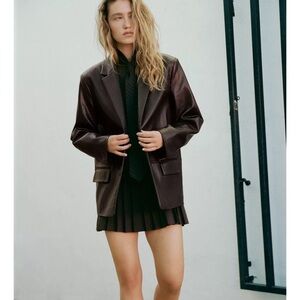 Zara FAUX LEATHER STRAIGHT FIT BLAZER Brown